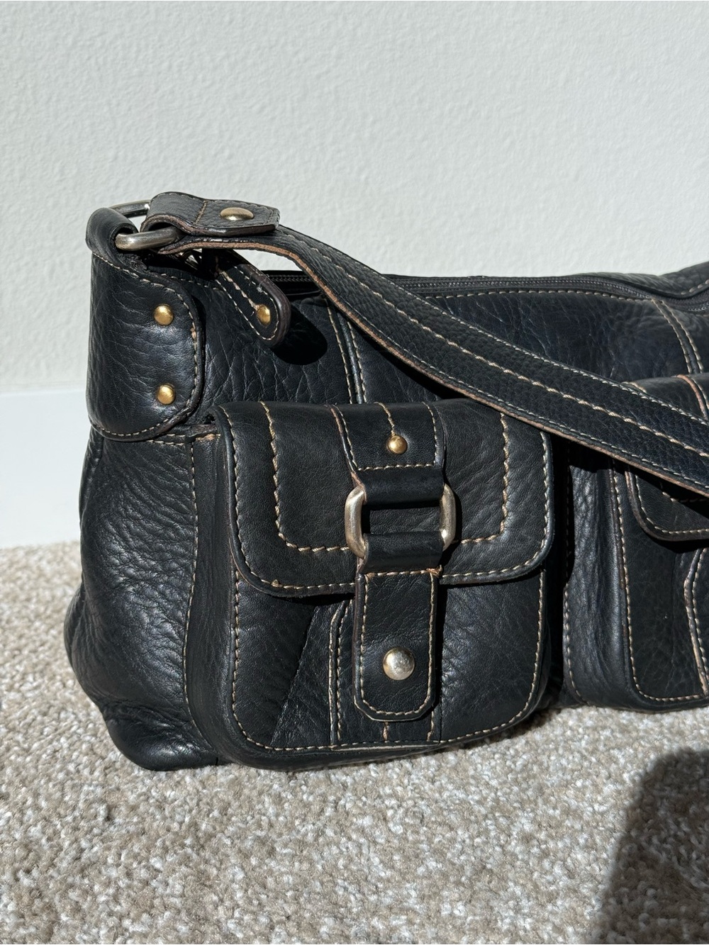 Y2K Fossil Black Pebbled Leather Cargo Shoulder Bag